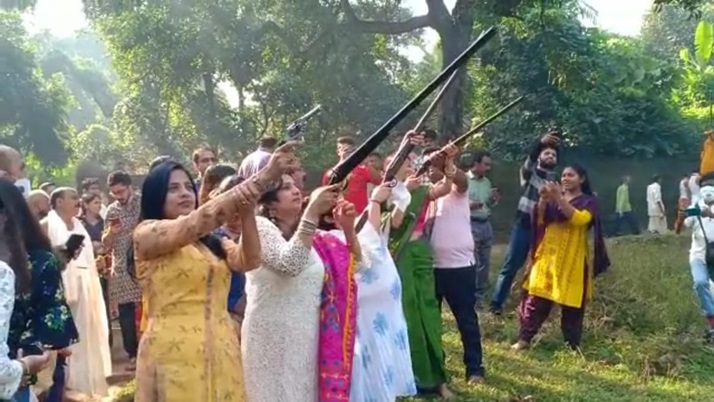 In the Roy family of Belrui village of Kulti, mother Durga was bid farewell with a Gun  salute