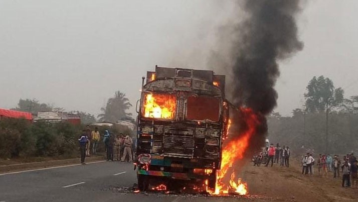 Two cars caught fire due to lorry-bike collision, killing two bike riders