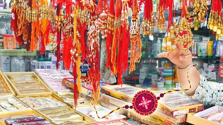 At night, Raksha bandhan, colorful rakhi stalls are arranged by rakhi vendors